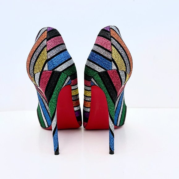 Christian Louboutin Pigalle Follies 100 Striped Glitter Pumps Rainbow Multicolor - Picture 4 of 14